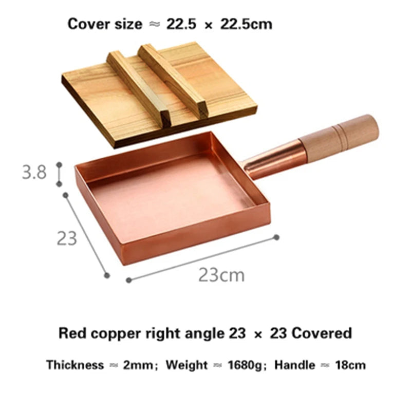 Brass baking tray Copper frying pan Square pan with wooden handle Copper Pot pancake pan Japanese style Yuzi braised copper pot