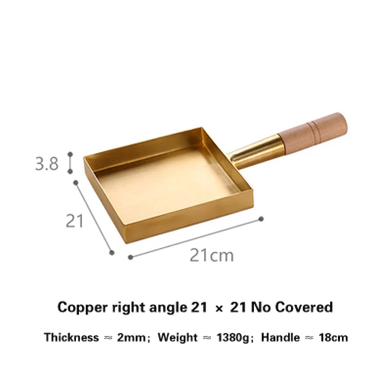 Brass baking tray Copper frying pan Square pan with wooden handle Copper Pot pancake pan Japanese style Yuzi braised copper pot