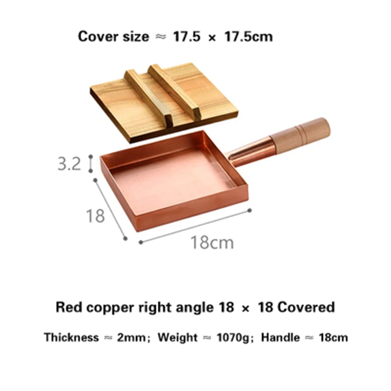 Brass baking tray Copper frying pan Square pan with wooden handle Copper Pot pancake pan Japanese style Yuzi braised copper pot