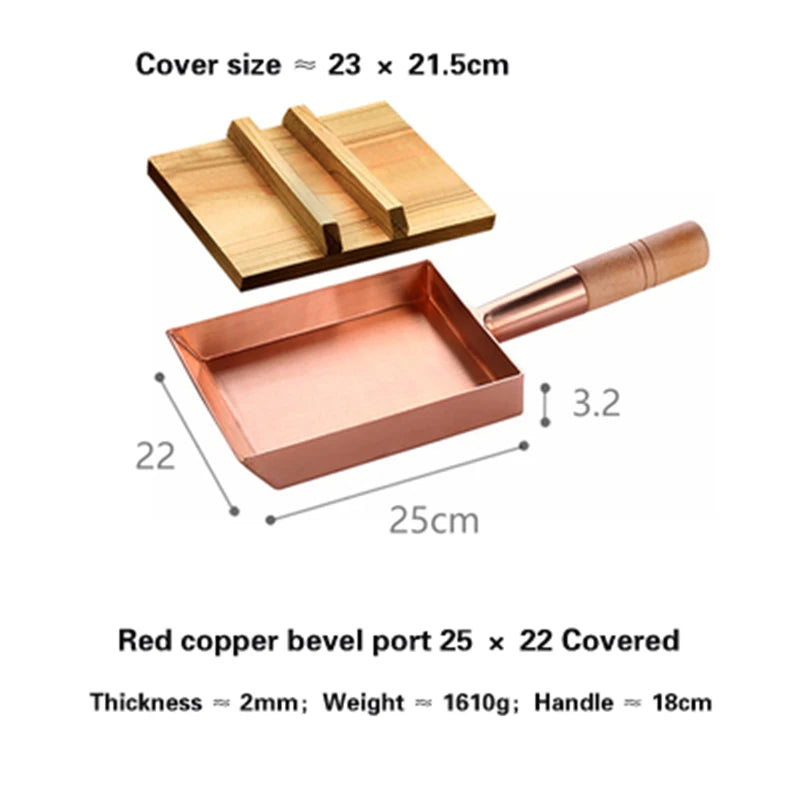 Brass baking tray Copper frying pan Square pan with wooden handle Copper Pot pancake pan Japanese style Yuzi braised copper pot