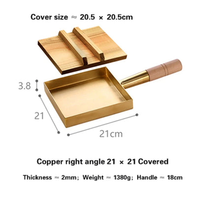 Brass baking tray Copper frying pan Square pan with wooden handle Copper Pot pancake pan Japanese style Yuzi braised copper pot