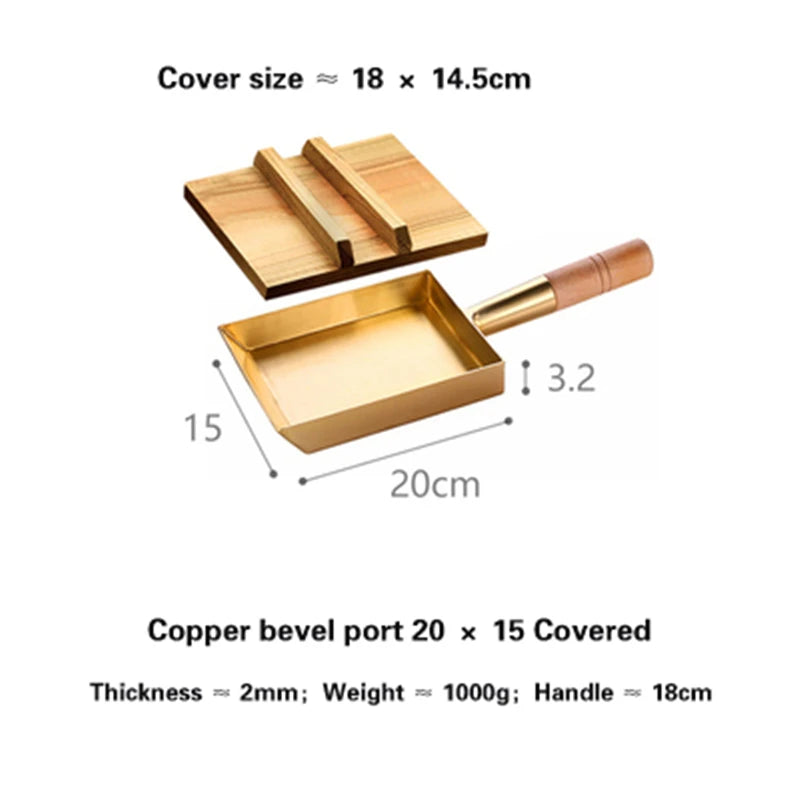 Brass baking tray Copper frying pan Square pan with wooden handle Copper Pot pancake pan Japanese style Yuzi braised copper pot