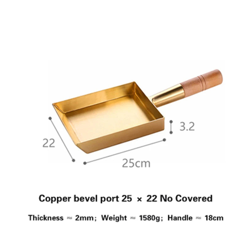 Brass baking tray Copper frying pan Square pan with wooden handle Copper Pot pancake pan Japanese style Yuzi braised copper pot