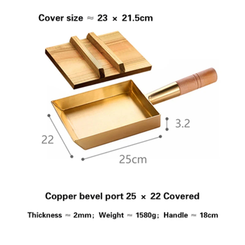 Brass baking tray Copper frying pan Square pan with wooden handle Copper Pot pancake pan Japanese style Yuzi braised copper pot