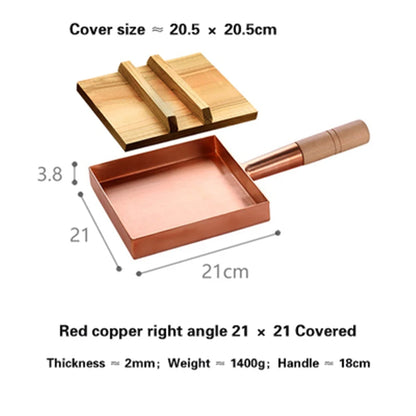 Brass baking tray Copper frying pan Square pan with wooden handle Copper Pot pancake pan Japanese style Yuzi braised copper pot