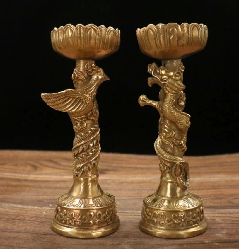 Brass dragon phoenix wax candlestick crafts statue A pair