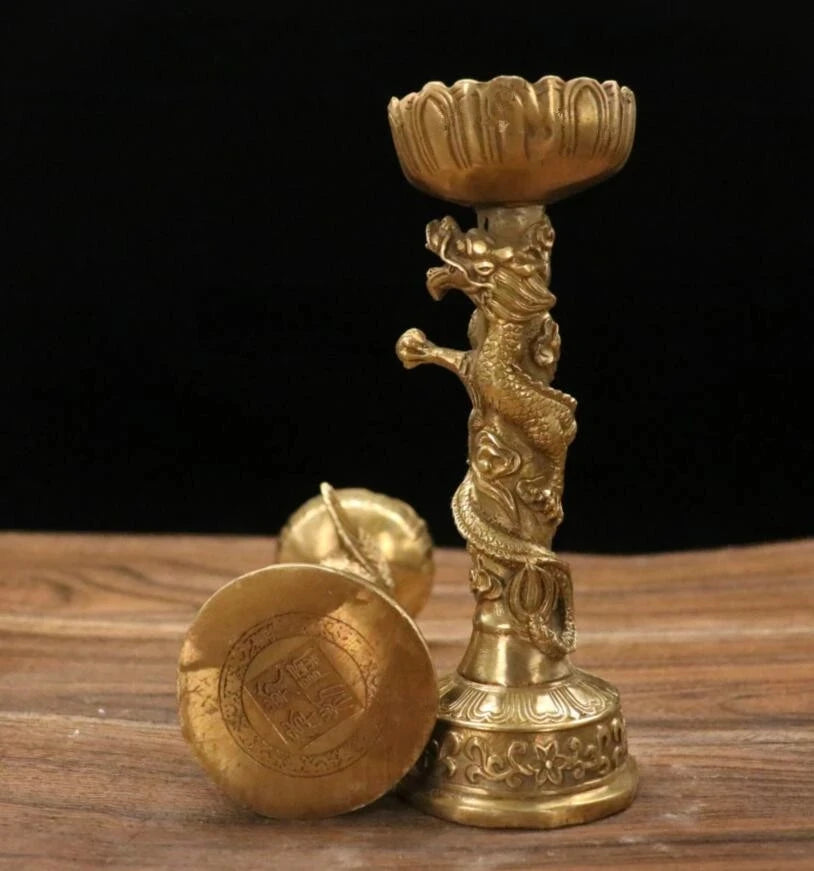 Brass dragon phoenix wax candlestick crafts statue A pair