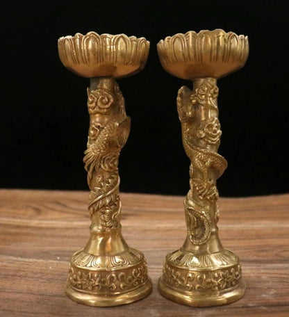 Brass dragon phoenix wax candlestick crafts statue A pair