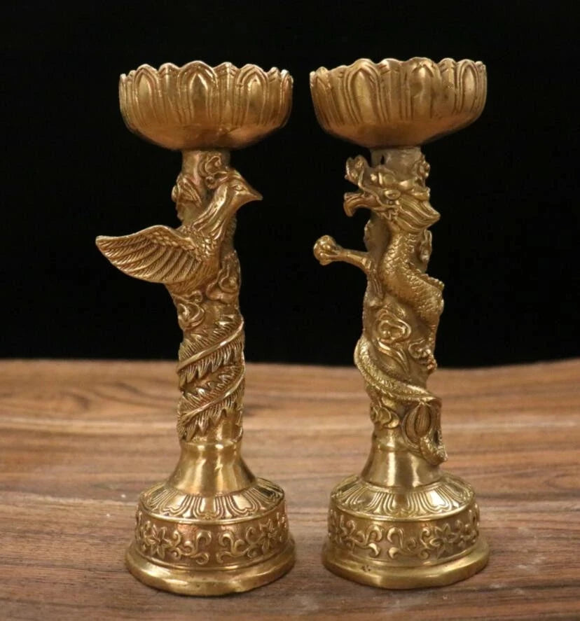 Brass dragon phoenix wax candlestick crafts statue A pair