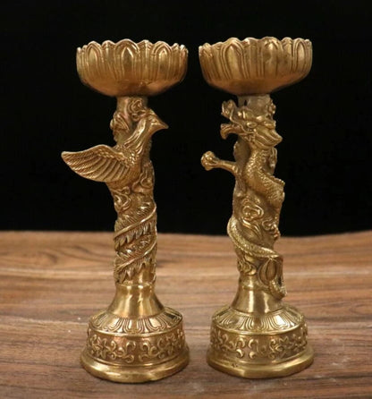 Brass dragon phoenix wax candlestick crafts statue A pair