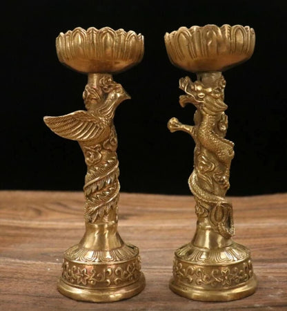 Brass dragon phoenix wax candlestick crafts statue A pair