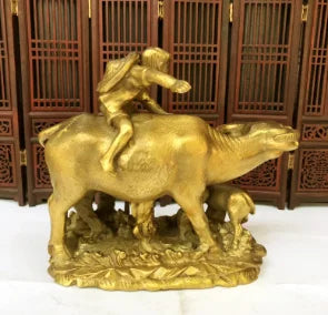 Brass shepherd boy riding cattle animal decorations brass decorations office decorations household crafts
