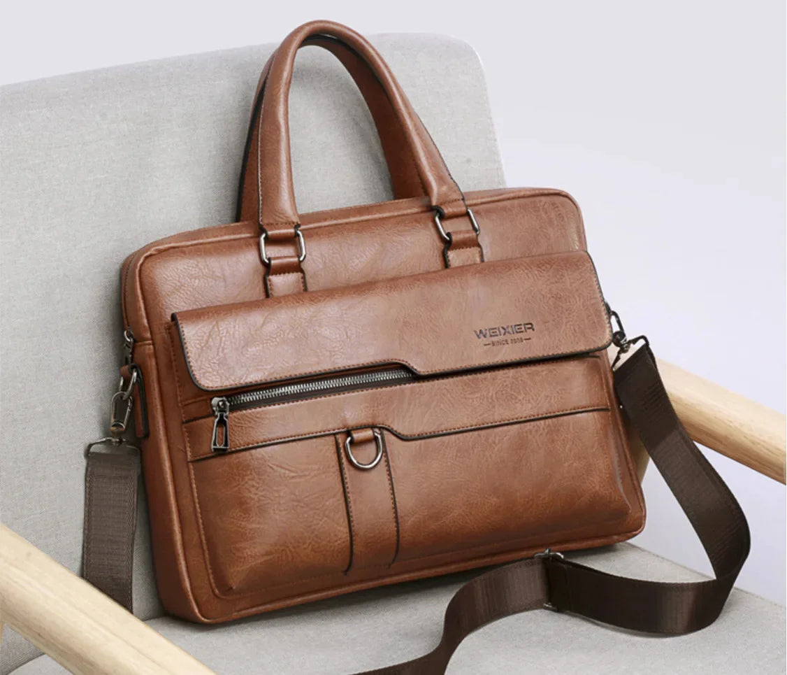 Briefcase Luxury Brand PU Leather Shoulder Retro Business 14-inch Computer Men's Fashion Crossbody Bag Handbag