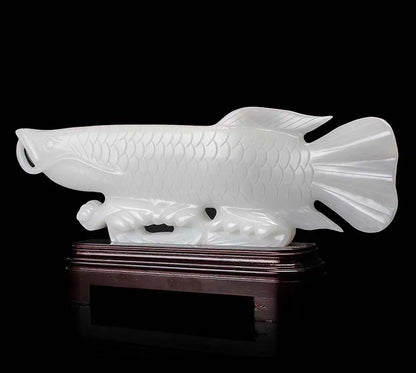 Bring in wealth treasure HOME business Money Drawing efficacious Talisman # white jade Golden Fish Arowana FENG SHUI statue
