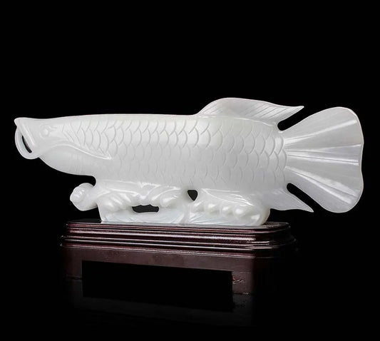 Bring in wealth treasure HOME business Money Drawing efficacious Talisman # white jade Golden Fish Arowana FENG SHUI statue