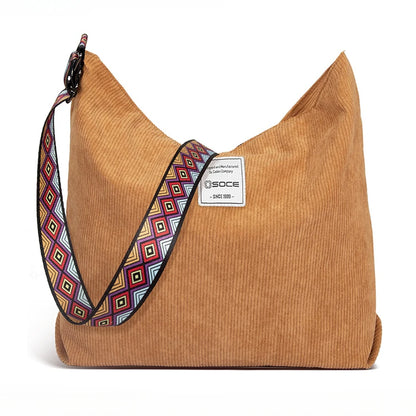 British Tote Bag Male Commuter Fashion Corduroy Shoulder Bag Versatile Leisure Large Capacity Travel Crossbody Bag Handbag