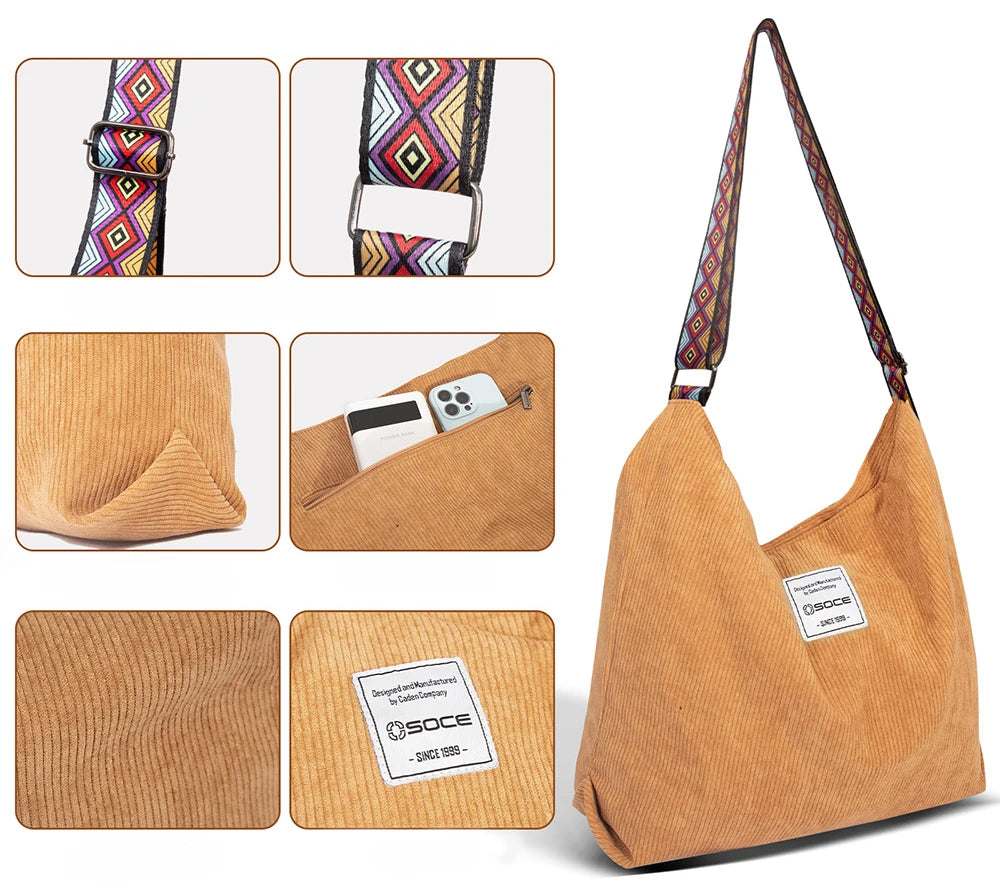 British Tote Bag Male Commuter Fashion Corduroy Shoulder Bag Versatile Leisure Large Capacity Travel Crossbody Bag Handbag