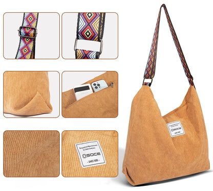 British Tote Bag Male Commuter Fashion Corduroy Shoulder Bag Versatile Leisure Large Capacity Travel Crossbody Bag Handbag