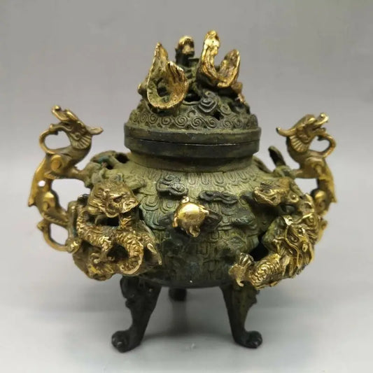 Bronze Gild Carved Auspicious Beast Good Fortune Nine Dragon Censer Statue