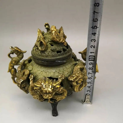 Bronze Gild Carved Auspicious Beast Good Fortune Nine Dragon Censer Statue