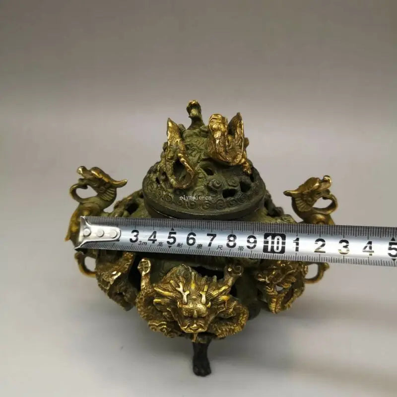 Bronze Gild Carved Auspicious Beast Good Fortune Nine Dragon Censer Statue