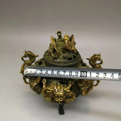 Bronze Gild Carved Auspicious Beast Good Fortune Nine Dragon Censer Statue