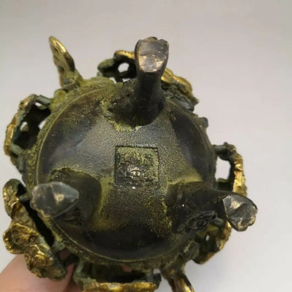 Bronze Gild Carved Auspicious Beast Good Fortune Nine Dragon Censer Statue