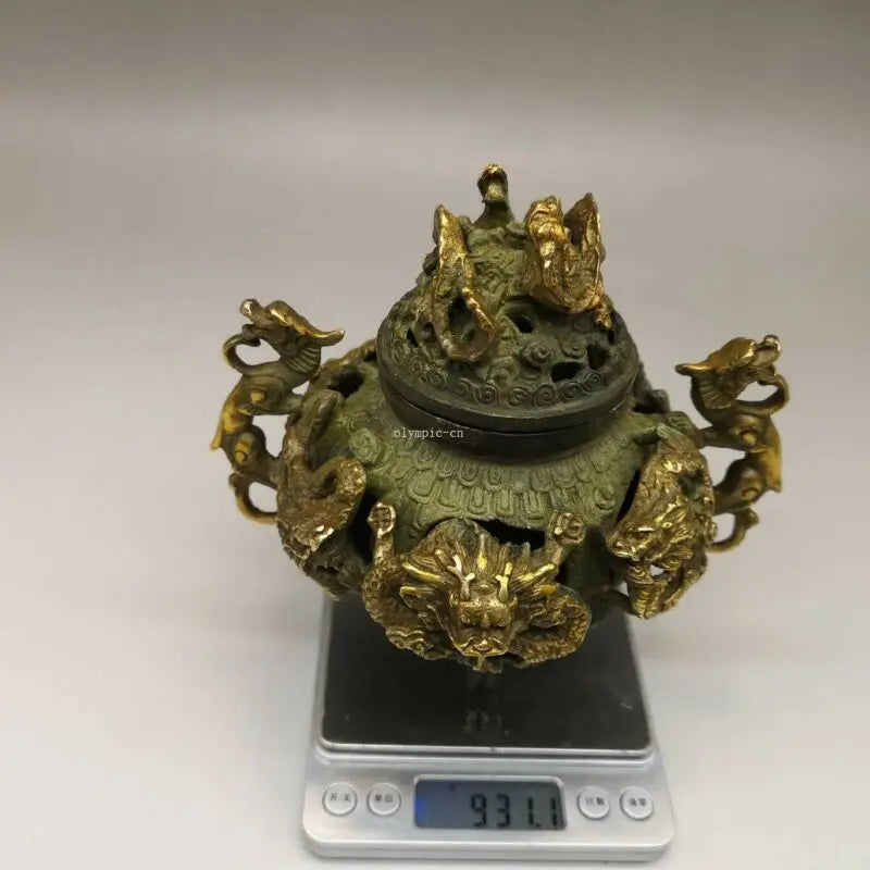 Bronze Gild Carved Auspicious Beast Good Fortune Nine Dragon Censer Statue