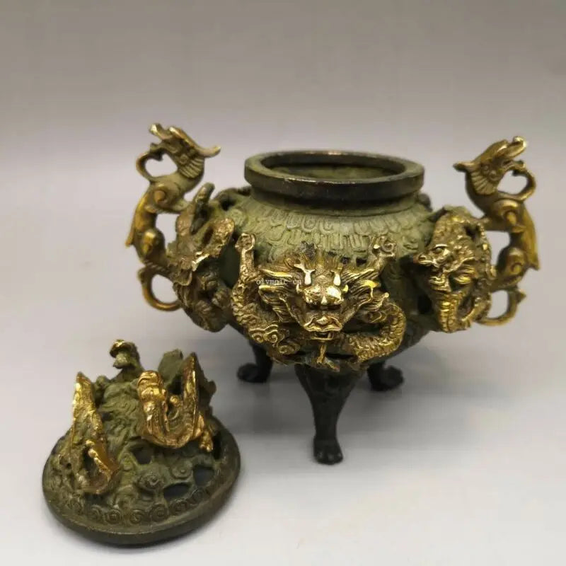 Bronze Gild Carved Auspicious Beast Good Fortune Nine Dragon Censer Statue