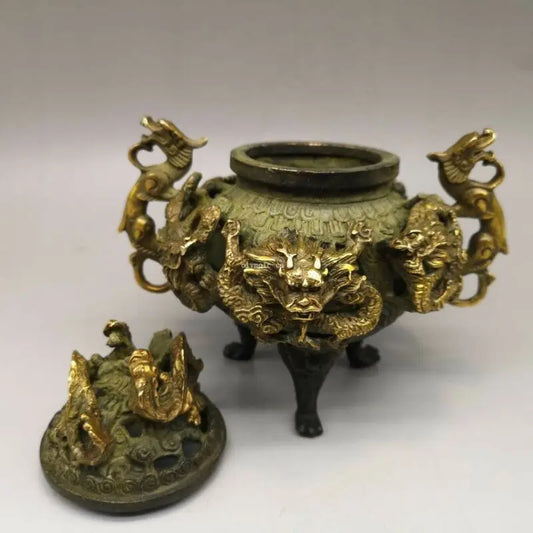 Bronze Gild Carved Auspicious Beast Good Fortune Nine Dragon Censer Statue