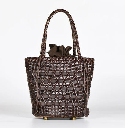 Bucket Women's bag new 2024 messenger shoulder bag Cowhide hollow woven bag summer Casual Inner Fabric Vintag Shopping Bag