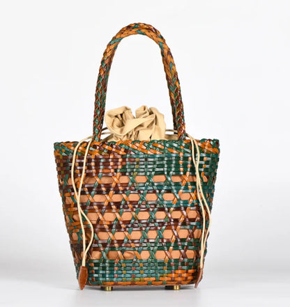 Bucket Women's bag new 2024 messenger shoulder bag Cowhide hollow woven bag summer Casual Inner Fabric Vintag Shopping Bag