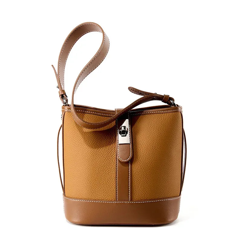 Bucket bag for women's new 2024 popular top layer leather women's bag, cowhide niche design, handheld commuting crossbody bag