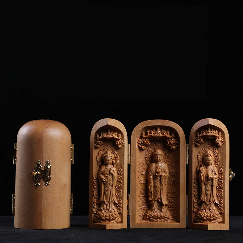 Buda Sandalwood Carving Home Feng Shui Home Decor Buddha Shrine Guanyin Statue Three Open Box Sculpture