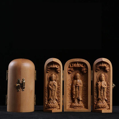 Buda Sandalwood Carving Home Feng Shui Home Decor Buddha Shrine Guanyin Statue Three Open Box Sculpture