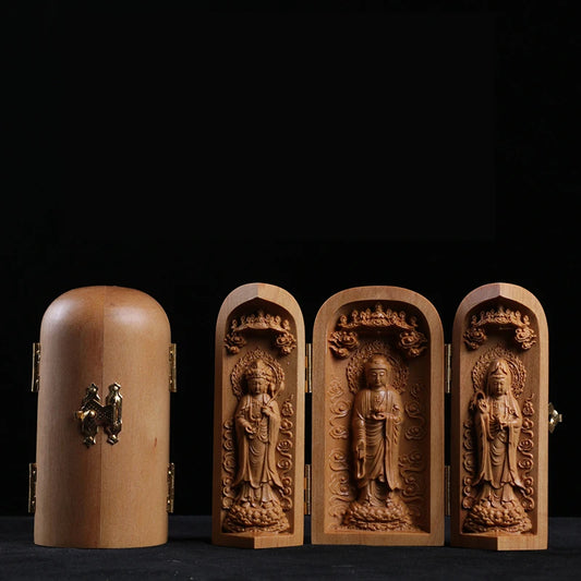 Buda Sandalwood Carving Home Feng Shui Home Decor Buddha Shrine Guanyin Statue Three Open Box Sculpture