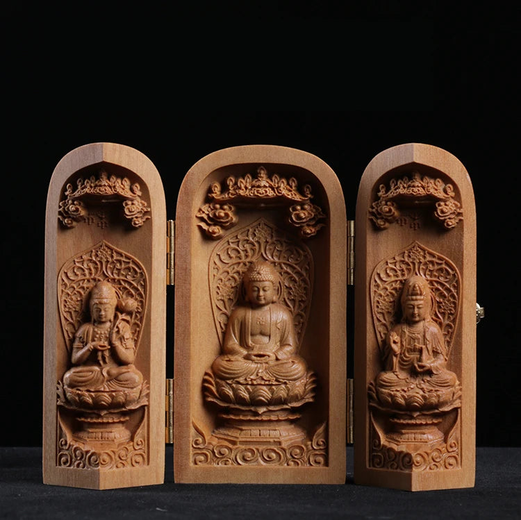 Buda Sandalwood Carving Home Feng Shui Home Decor Buddha Shrine Guanyin Statue Three Open Box Sculpture