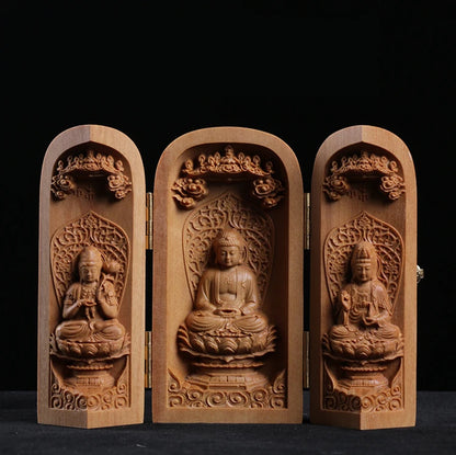 Buda Sandalwood Carving Home Feng Shui Home Decor Buddha Shrine Guanyin Statue Three Open Box Sculpture