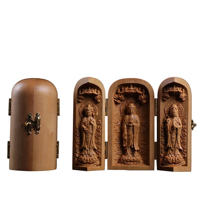 Buda Sandalwood Carving Home Feng Shui Home Decor Buddha Shrine Guanyin Statue Three Open Box Sculpture