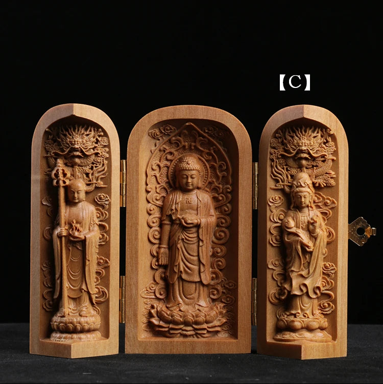 Buda Sandalwood Carving Home Feng Shui Home Decor Buddha Shrine Guanyin Statue Three Open Box Sculpture