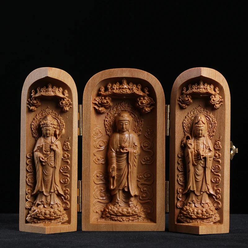 Buda Sandalwood Carving Home Feng Shui Home Decor Buddha Shrine Guanyin Statue Three Open Box Sculpture