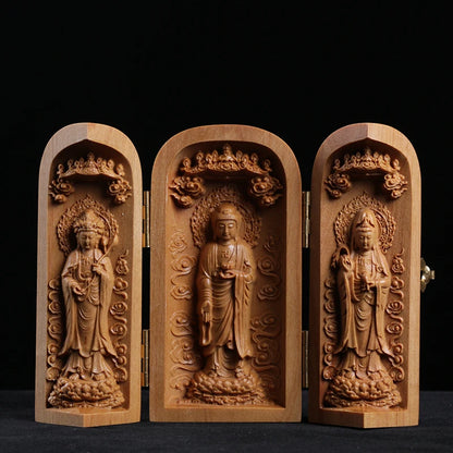 Buda Sandalwood Carving Home Feng Shui Home Decor Buddha Shrine Guanyin Statue Three Open Box Sculpture