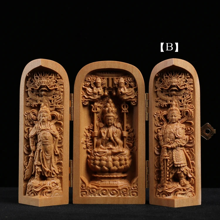 Buda Sandalwood Carving Home Feng Shui Home Decor Buddha Shrine Guanyin Statue Three Open Box Sculpture
