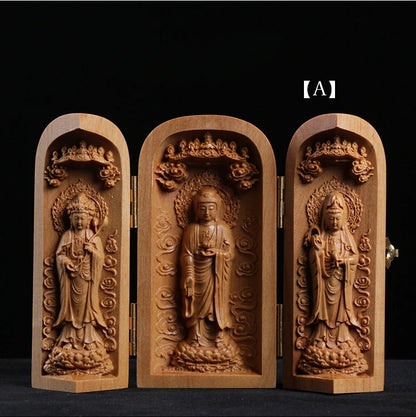 Buda Sandalwood Carving Home Feng Shui Home Decor Buddha Shrine Guanyin Statue Three Open Box Sculpture