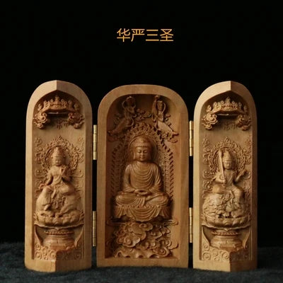 Buda Sandalwood Carving Home Feng Shui Home Decor Buddha Shrine Guanyin Statue Three Open Box Sculpture