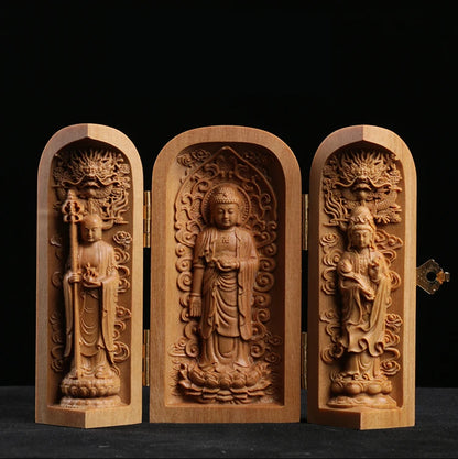 Buda Sandalwood Carving Home Feng Shui Home Decor Buddha Shrine Guanyin Statue Three Open Box Sculpture