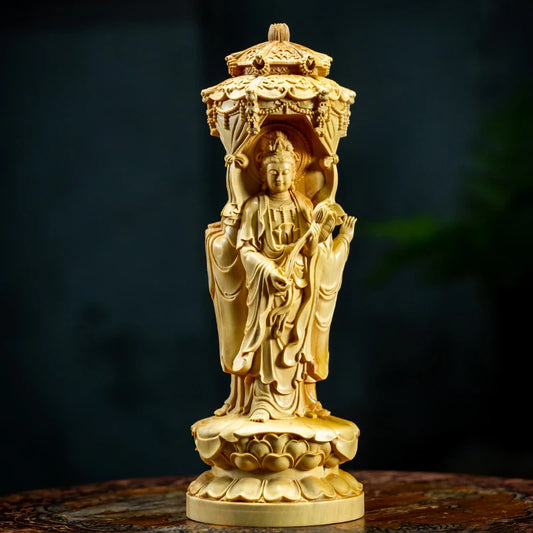 Buddha Statue Boxwood Carvings Three Face Guanyin Sculpture Living Room Solid Wood Decoration Home Decor
