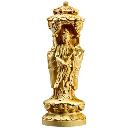 Buddha Statue Boxwood Carvings Three Face Guanyin Sculpture Living Room Solid Wood Decoration Home Decor