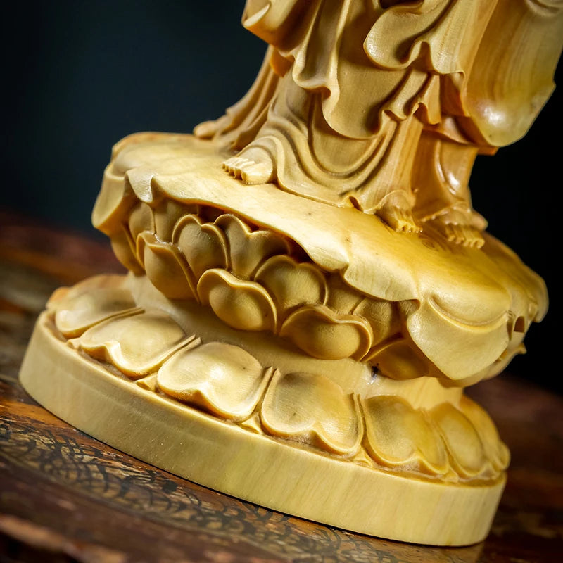 Buddha Statue Boxwood Carvings Three Face Guanyin Sculpture Living Room Solid Wood Decoration Home Decor