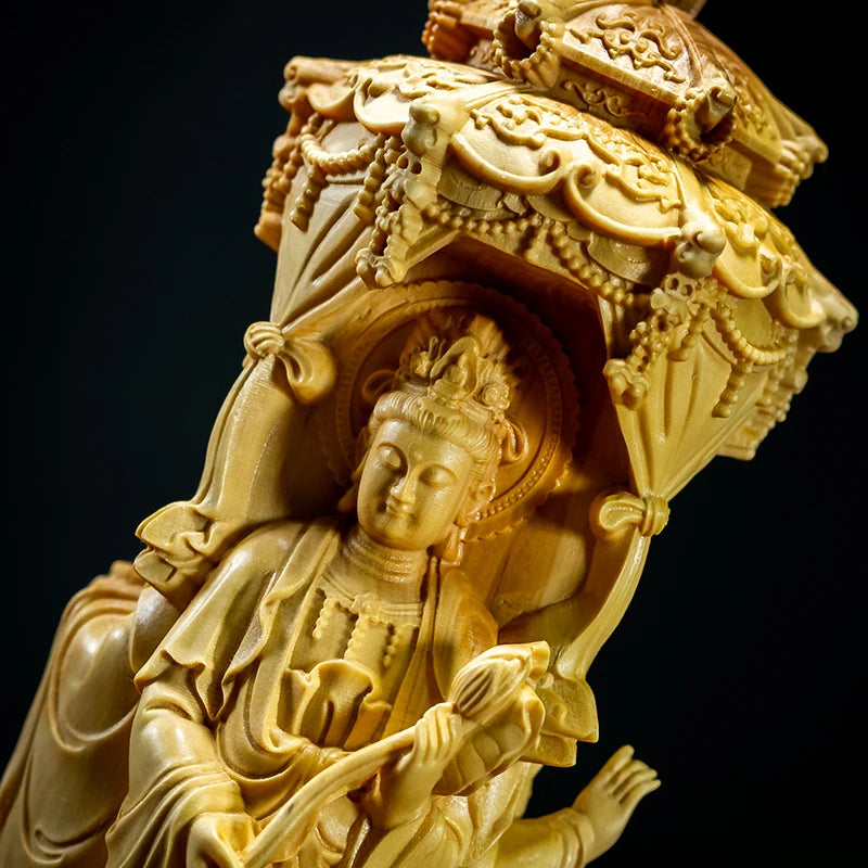 Buddha Statue Boxwood Carvings Three Face Guanyin Sculpture Living Room Solid Wood Decoration Home Decor